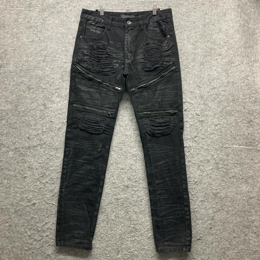 Decibel Jeans Mens 34x34 Black Moto Biker Distressed Zipper Skinny Denim Pants